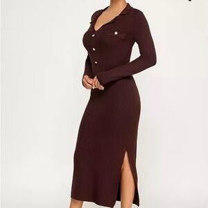 Invitee Brown Expresso Ribbed Midi Dress XXL Button Front Knit Dress Long Sleeve